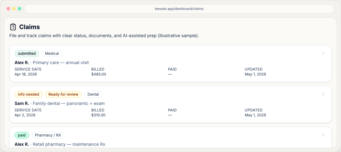 Claims list where you start a new claim and track types